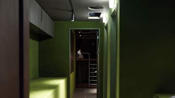 Un couloir étroit aux murs verts et au sol à motifs, qui mène à une pièce contenant un lit et une fenêtre.
