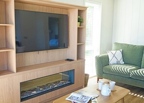 A living room with a large flat-screen TV mounted on a wooden stand, a fish tank below the TV, a green sofa with patterned cushions, and a coffee table with magazines and a teapot. - Autograph Retreat Hot Tub 3 bed Luxury Lodge slps6 (Landford, Nr Salisbury)