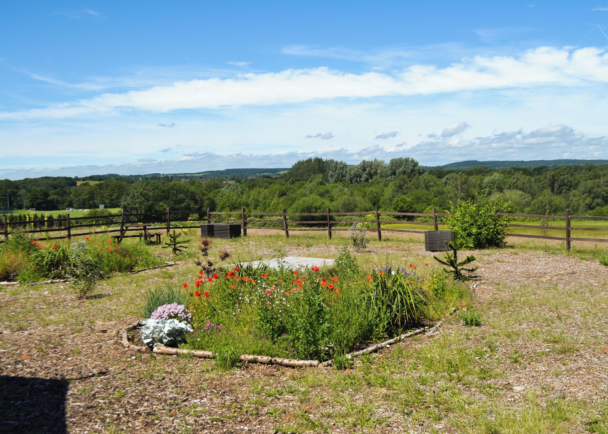 Un paysage rural avec une clôture en bois, une table de pique-nique et une variété de plantes à fleurs.