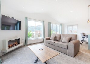 A modern living room with a sofa, a flat-screen TV, a fireplace, and large windows offering a view of the outdoors. - Brand New this year our stunning Lakeland Lodges. (Invermoriston)