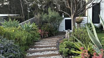 A pathway leading to a house with a white exterior, surrounded by various plants and trees.