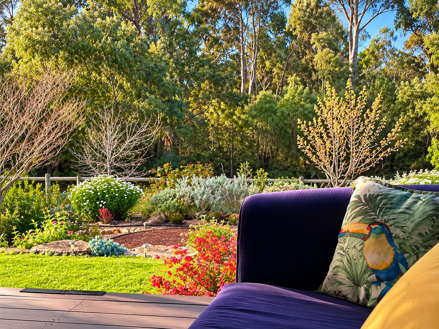 Un jardín con diversas plantas y una terraza de madera.