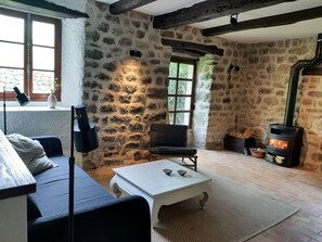 Ein gemütlicher Raum mit Steinwand, Kamin, einer Couch, einem Tisch und einer Lampe.