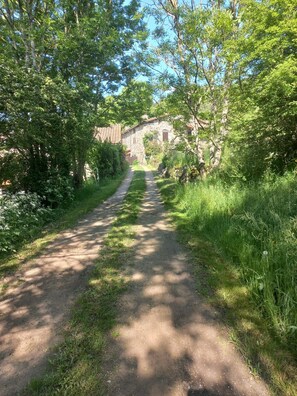 A narrow dirt path leading to a stone building surrounded by lush greenery. - Holiday Home 'De Royer' with Mountain View, Private Terrace and Wi-Fi (Pailharès)