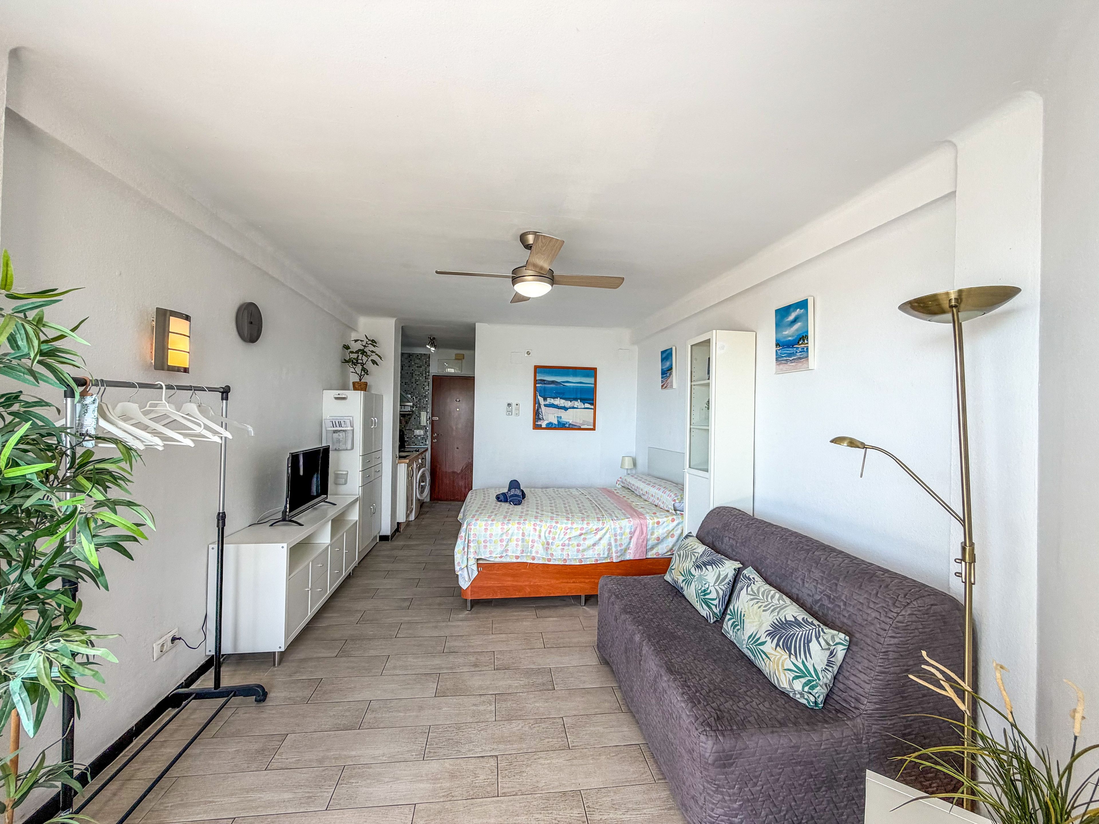 A compact room with a bed, a sofa, a desk with a computer, a wardrobe, and a ceiling fan.