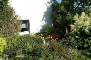 A garden with various plants and flowers in front of a building with a window. - Heinisch family with pool (Ringenhain)