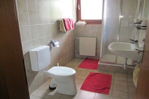 A bathroom with a toilet, a sink, and a shower. - Holiday apartment with 2 bedrooms (Millstatt)