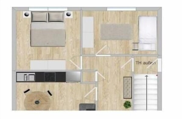 A hotel room layout with a bed, sofa, and a small kitchen area. - Holiday apartment with 2 bedrooms (Burg auf Fehmarn)