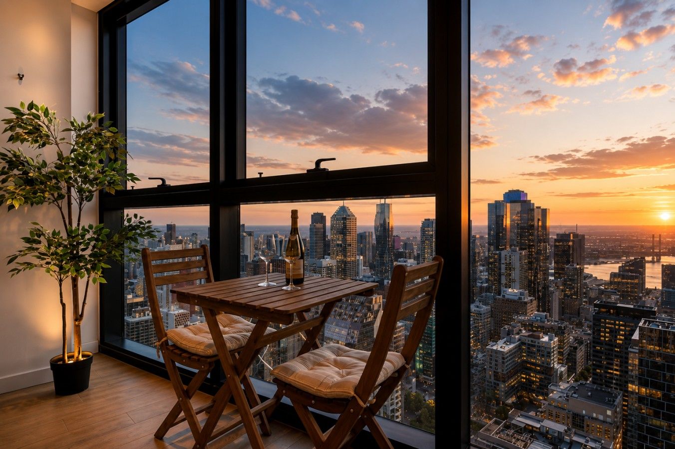 Uma área de jantar com mesa e cadeiras, uma garrafa de vinho e um copo, com vista para um horizonte urbano ao pôr do sol.