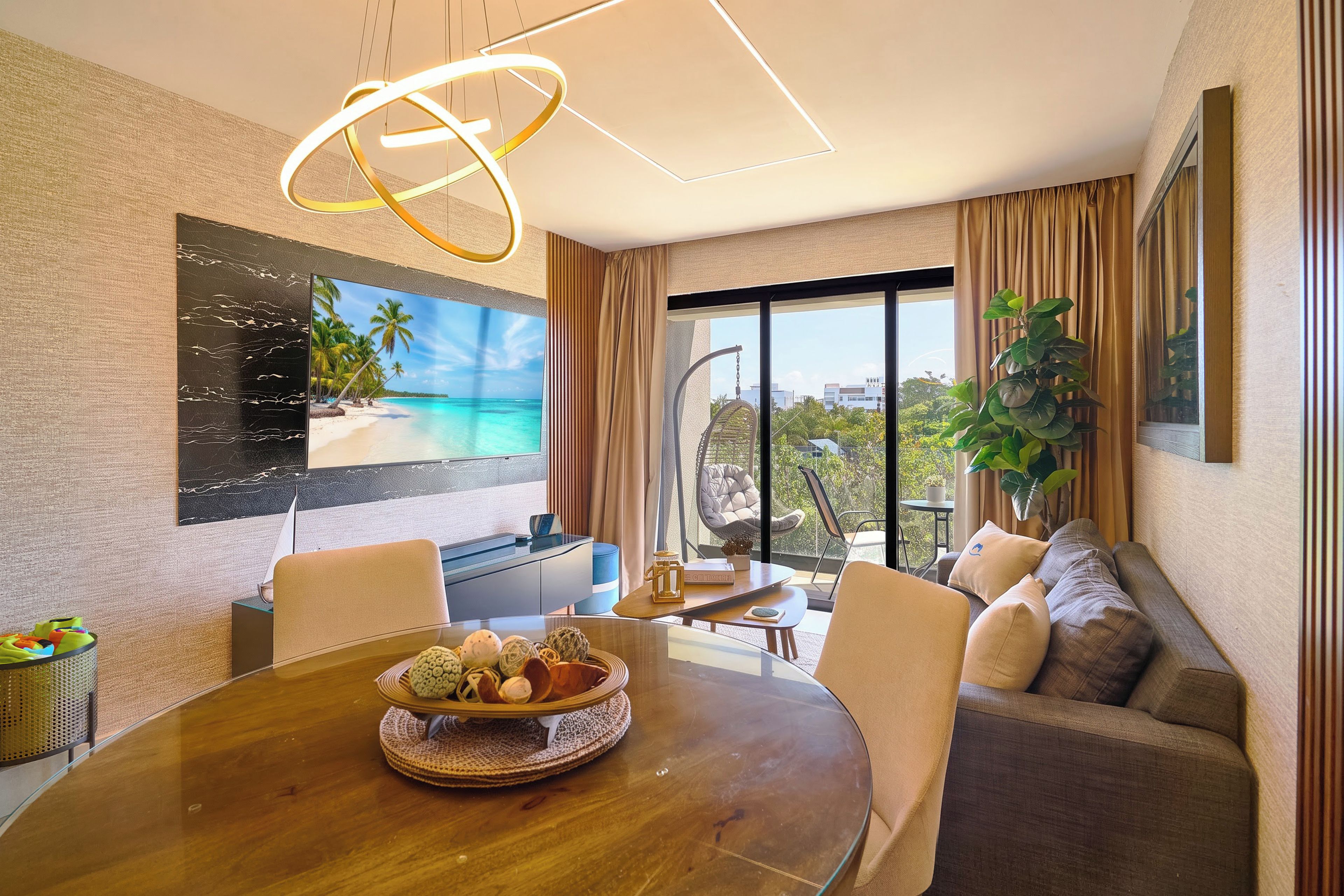 A modern dining area with a wooden table, chairs, and a view of the outdoors.