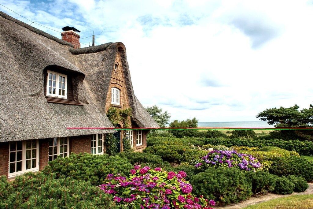 A thatched-roof house with a brick facade, surrounded by well-maintained hedges and flowering plants.