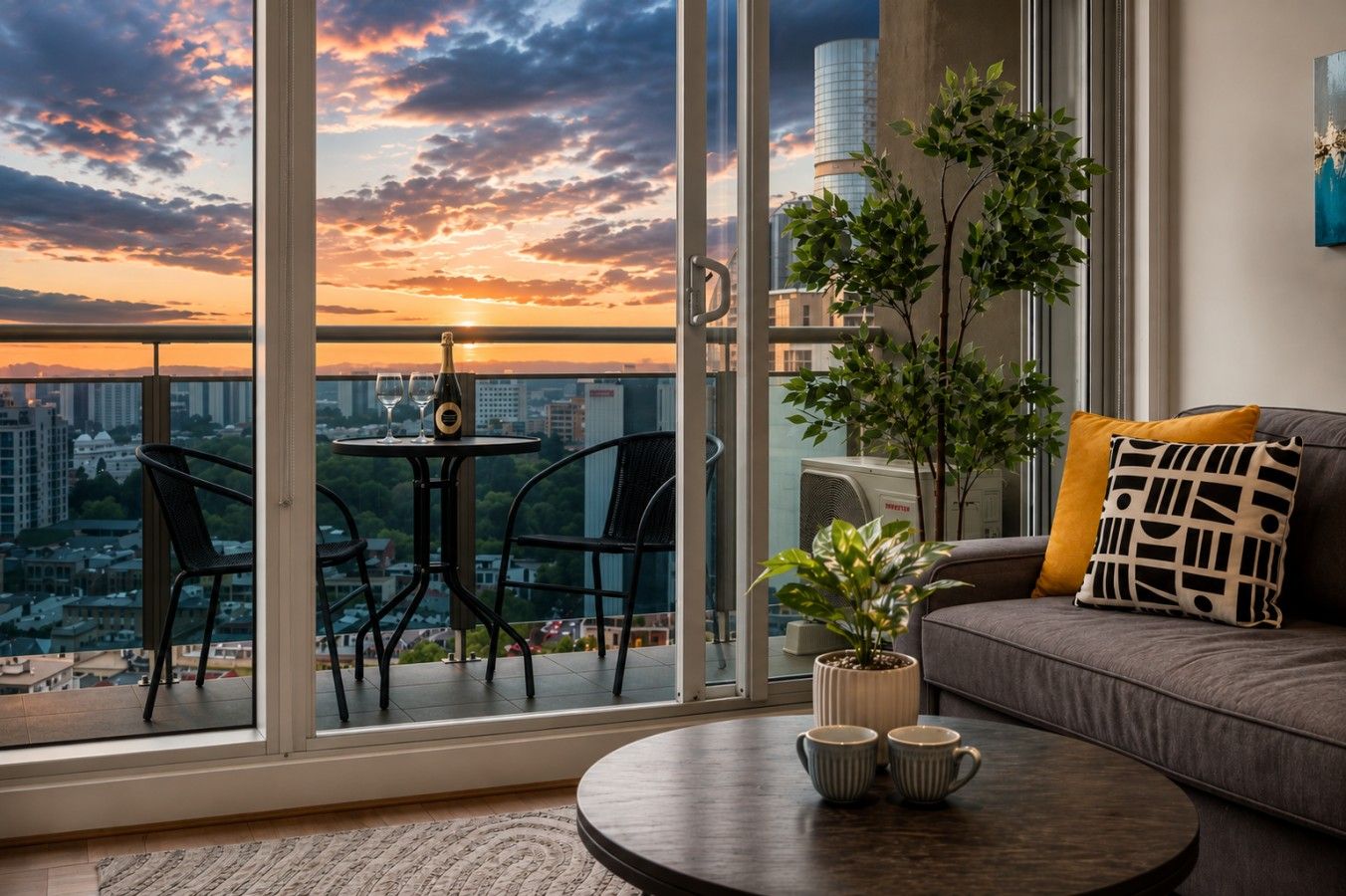 Een moderne woonkamer met balkon, een bank, salontafel en een potplant.