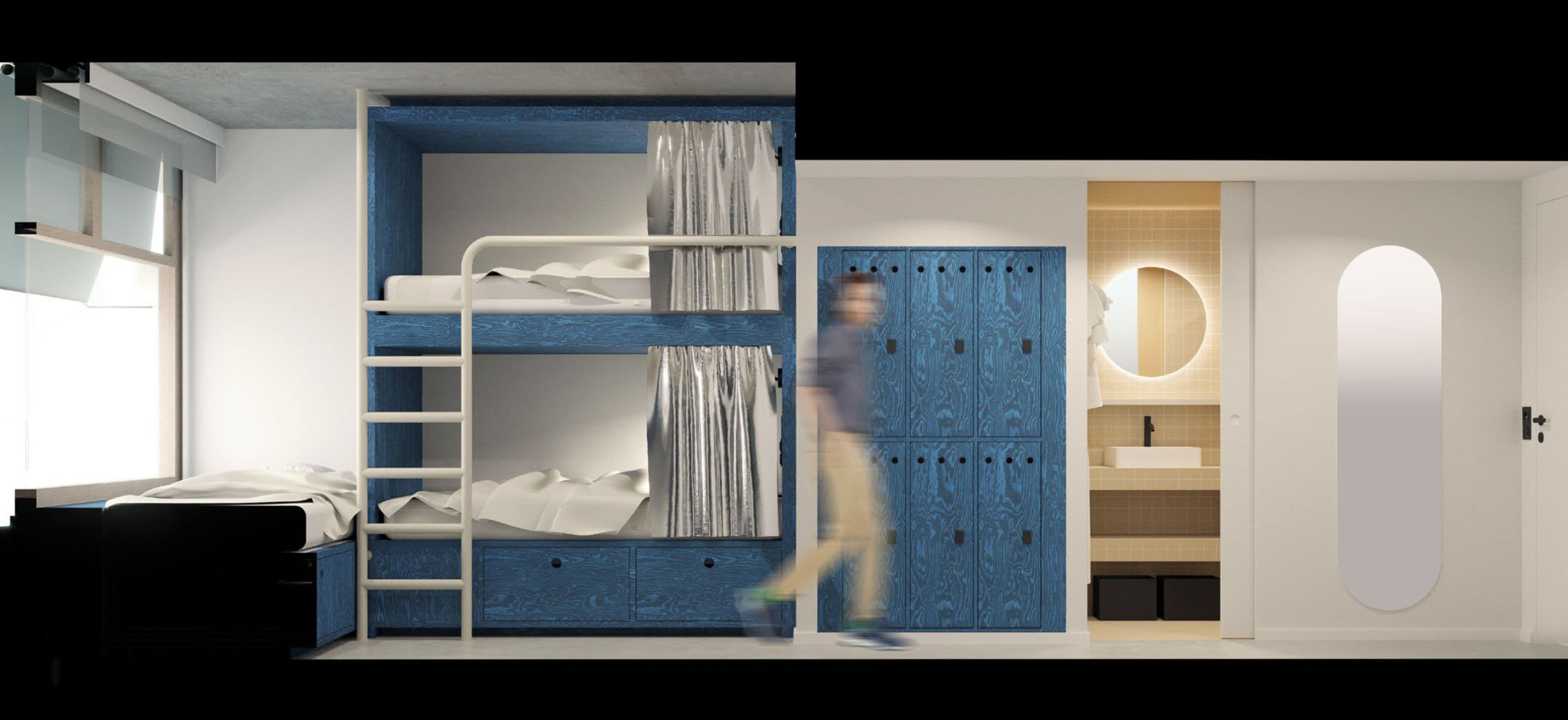 A modern bedroom with bunk beds, a built-in wardrobe, and a bathroom with a round mirror.