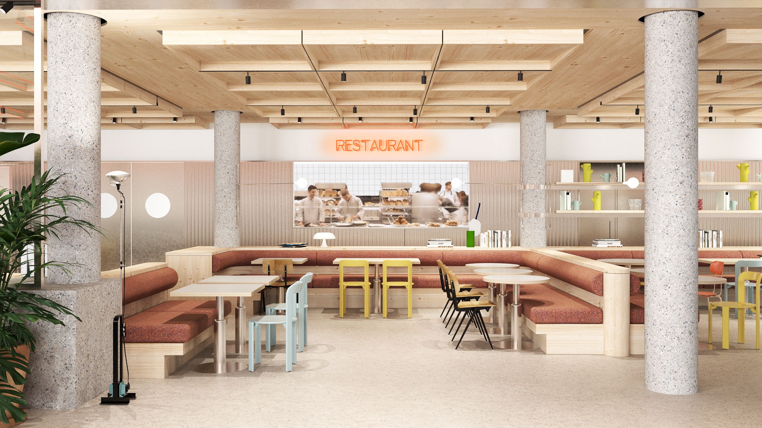 A modern restaurant interior with high ceilings, exposed wooden beams, and a central counter area.