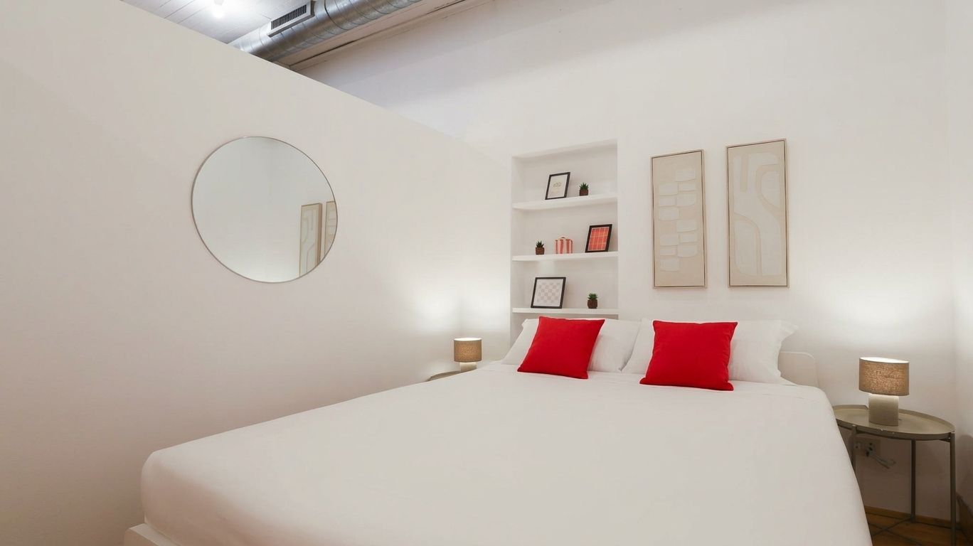 Un dormitorio con una cama grande, un espejo redondo, una mesita de noche con lámpara y estantes con marcos que contienen fotografías.