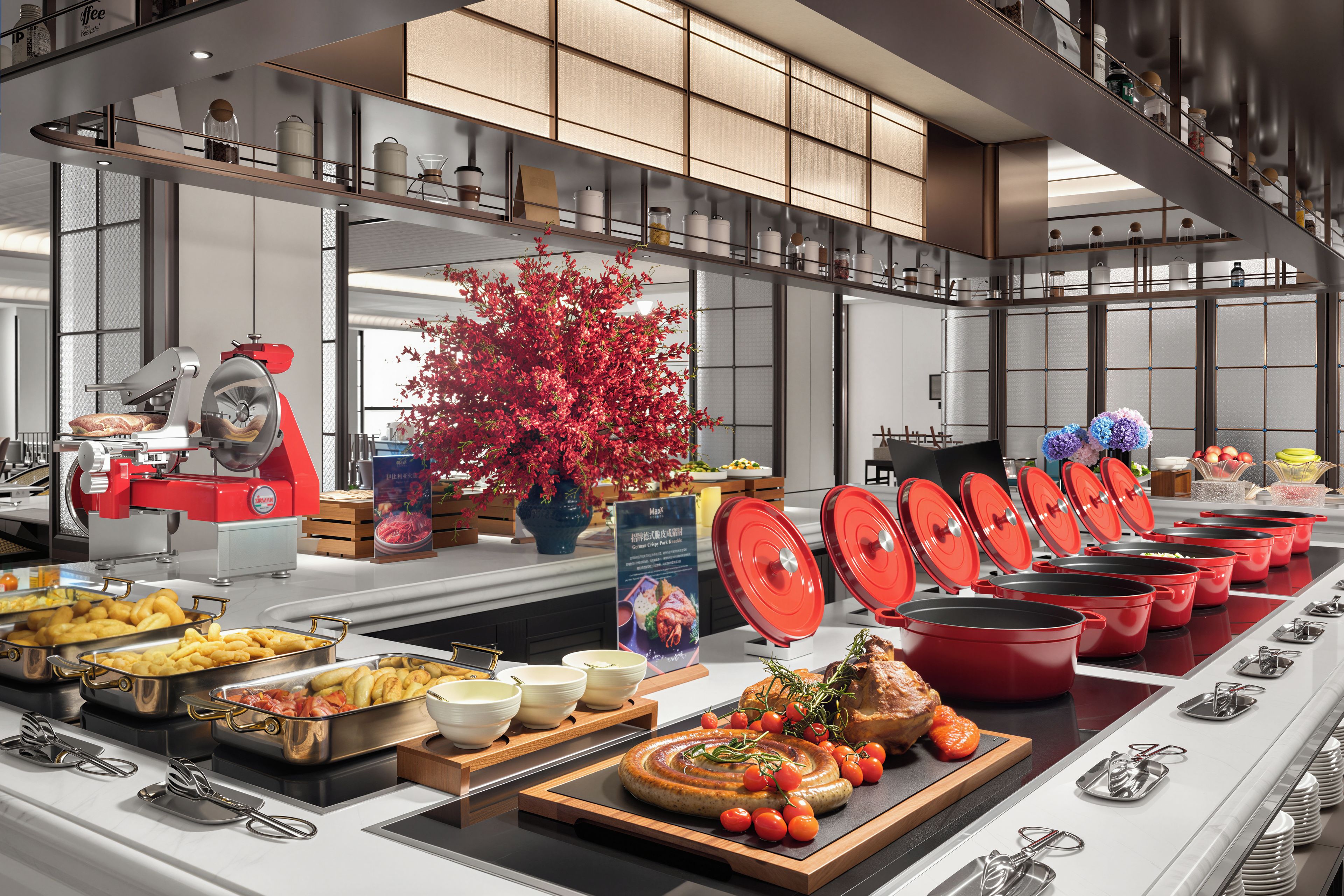 Un buffet proposant une variété de plats, du matériel de cuisine et une grande plante décorative.