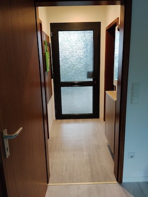 A hallway leading to a door with frosted glass panels, wooden flooring, and a light switch on the wall. - Holiday Apartment 'Olsberg Panorama' with Mountain View and Private Balcony (Olsberg)