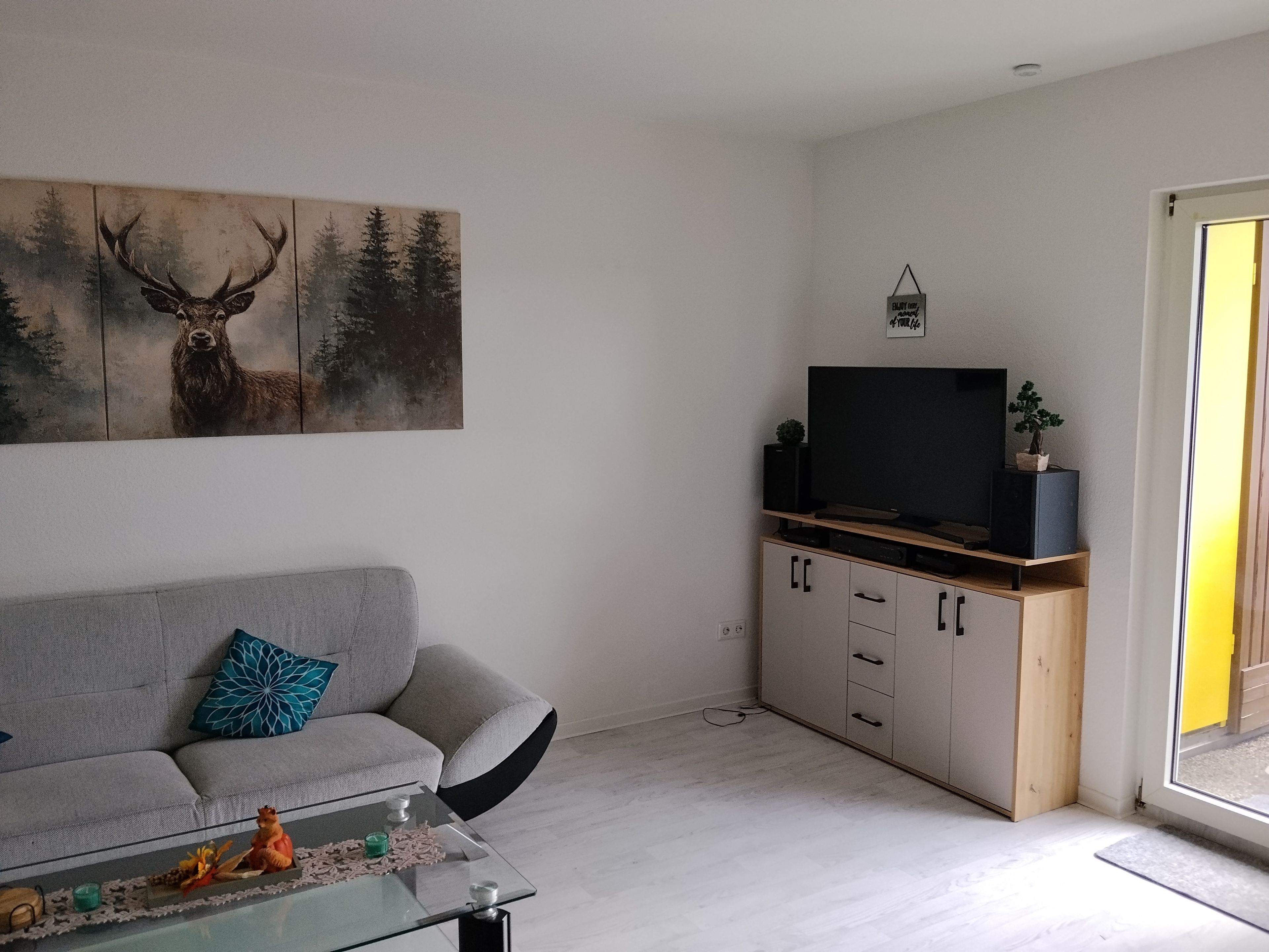 A modern living room with a grey sofa, a glass coffee table, a mounted TV, and a painting of a deer.