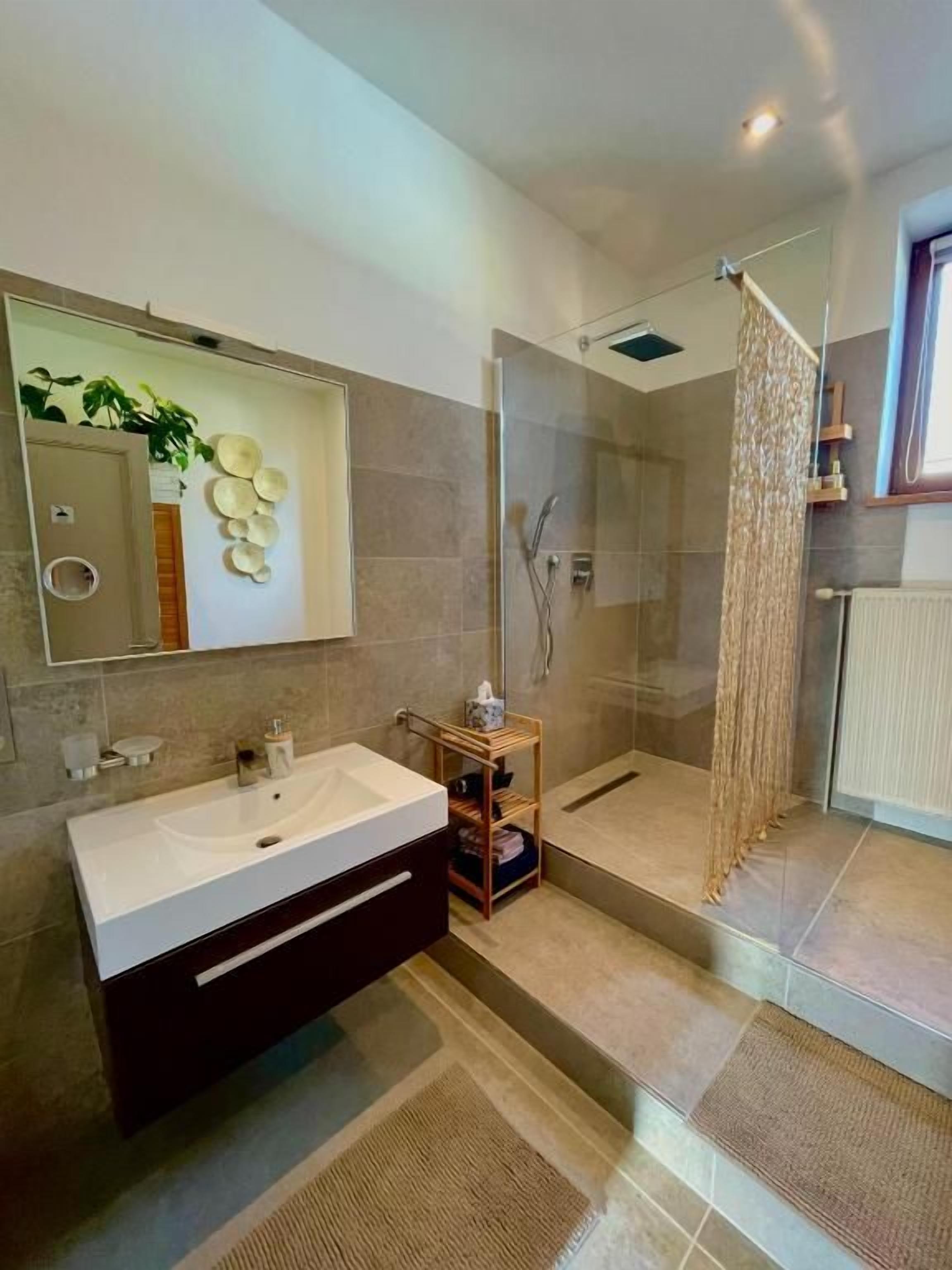 A modern bathroom with a glass shower enclosure, a vanity with a sink, and a mirror.
