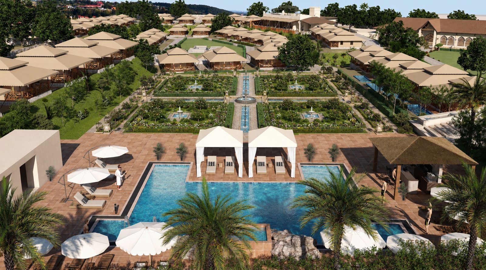 Un resort con diverse sistemazioni in stile bungalow, una piscina centrale e giardini curati.