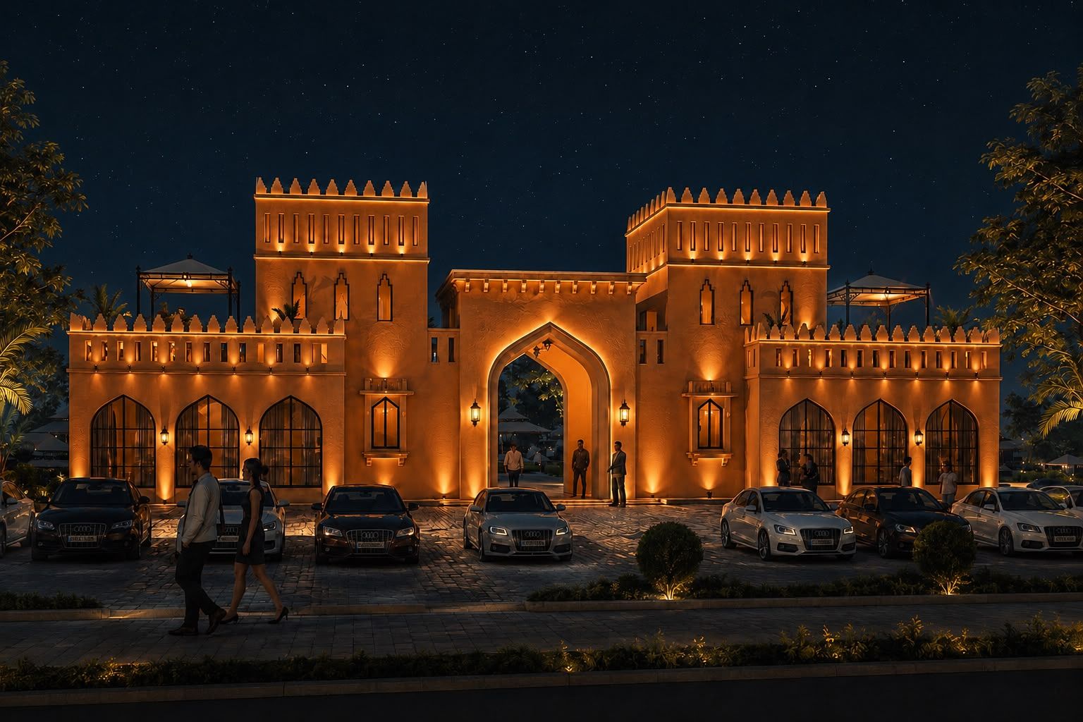 Imponente ingresso di un hotel con un'ampia arcata, diversi posti auto e una facciata ben illuminata.