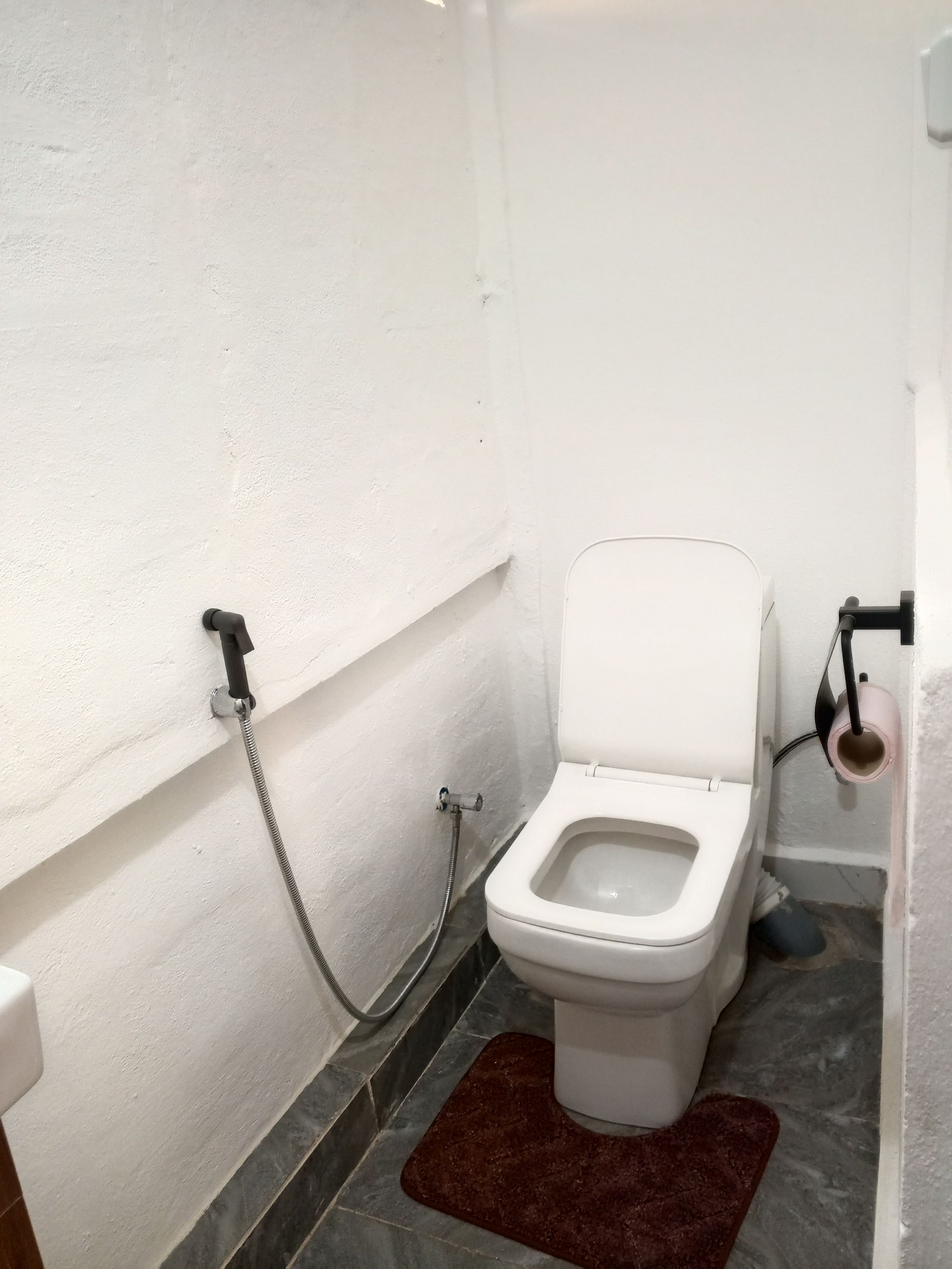 A small bathroom with a toilet, a shower, and a towel rack.