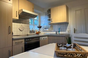 A modern kitchen with stainless steel appliances, a built-in oven, and a large island with a tray of decorative items. - Holiday apartment in Föhr with 1 bedroom (Nieblum)