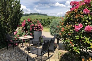 An outdoor patio with wicker furniture and a view of a green landscape. - Holiday apartment surrounded by orchards (Waldkirch)