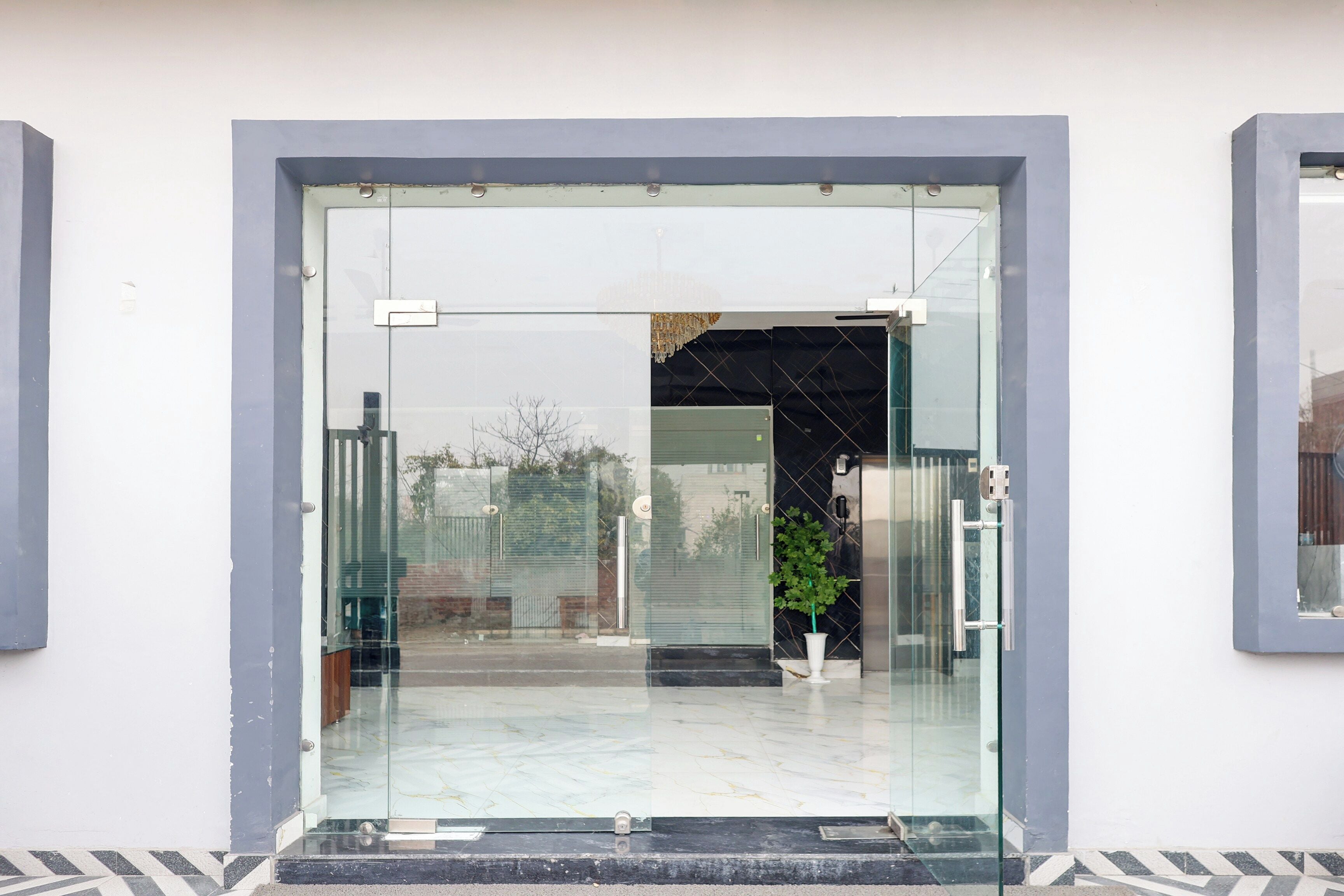 A modern entrance with a glass door, a metal handle, and a small potted plant inside.
