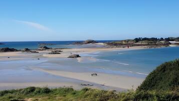Eine Küstenlandschaft mit Sandstrand, ruhigem Wasser und blauem Himmel.
