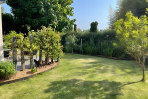 A well-maintained garden with a variety of trees and shrubs, a clear sky, and a grassy lawn.