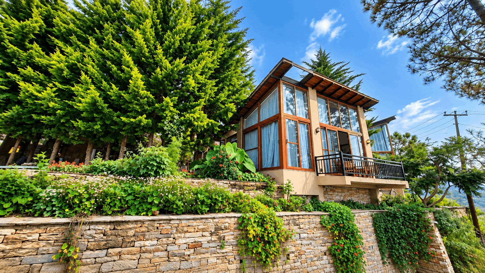 A modern house with a stone retaining wall, large windows, and a balcony.