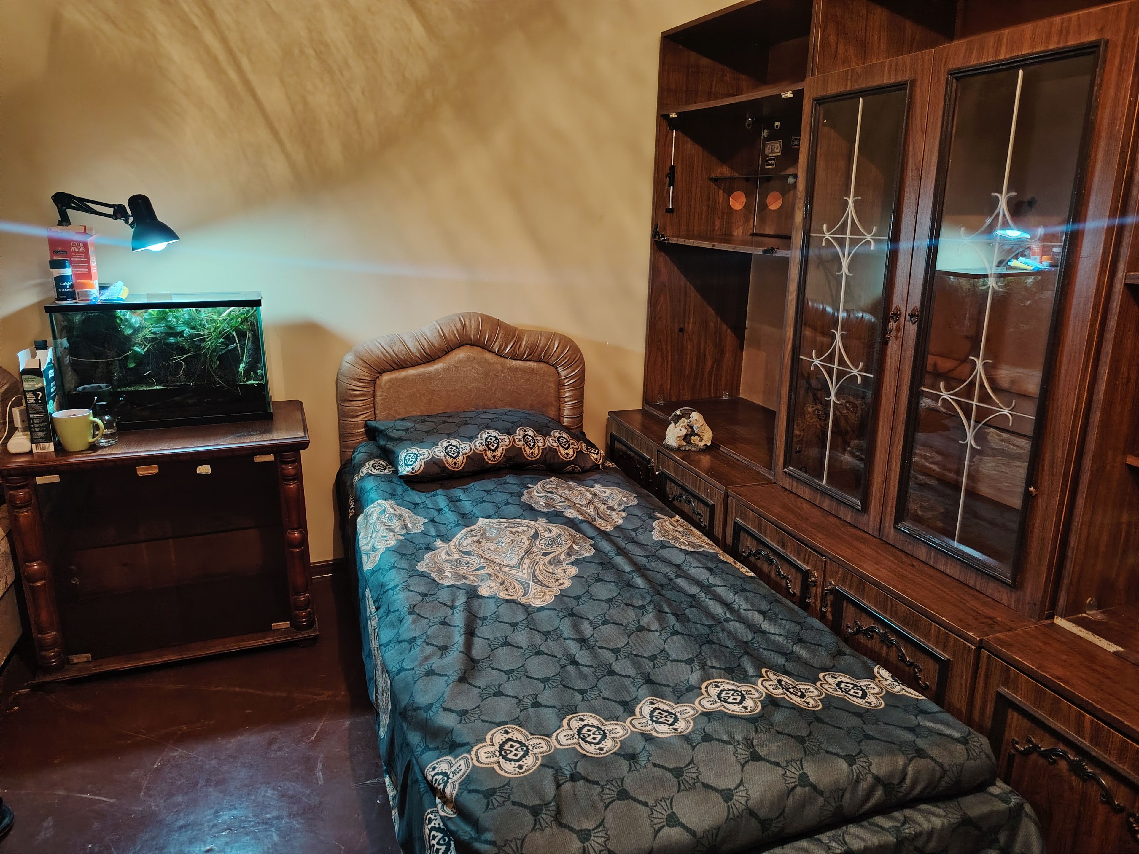 A bedroom with a bed, a wooden cabinet, a desk with a lamp, and a fish tank.