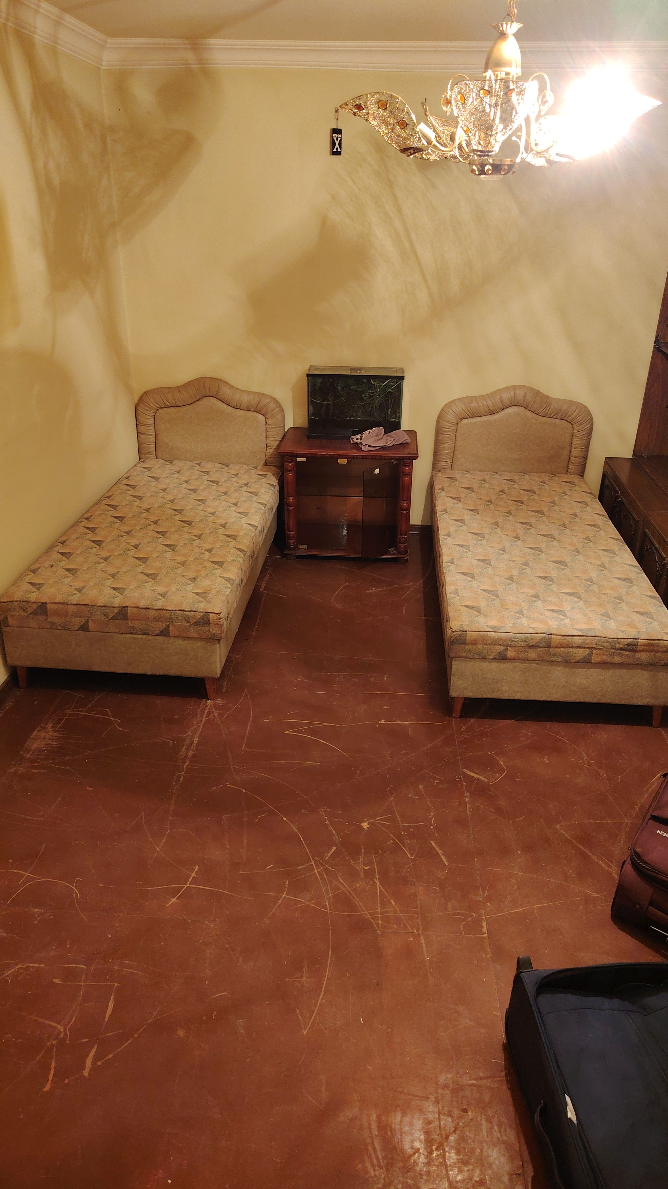 Une chambre avec deux lits, une petite table, un aquarium et une valise.