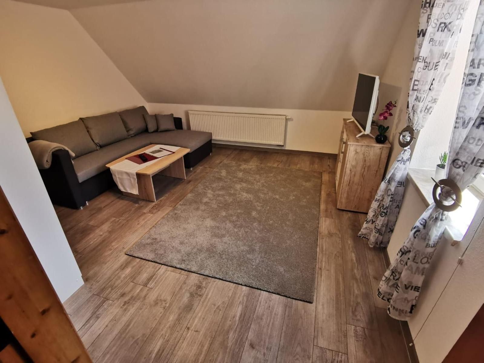 Ein Wohnzimmer mit einer Couch, einem Couchtisch, einem Teppich, einem Heizkörper und einem Holzschrank.