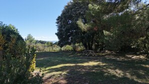 A grassy area with trees and a wooden picnic table. - Air-co villa, Luberon views, heated pool, sleeps 8 (La Motte-d´Aigues)