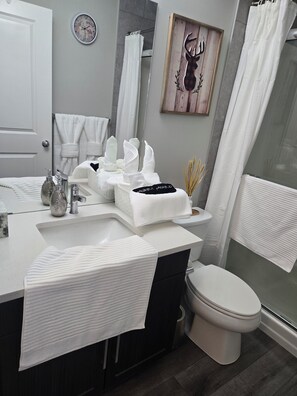 A bathroom with a white sink, a toilet, a mirror, and a clock on the wall. - Modern home w/ Full Kitchen & In-Unit Laundry (Edmonton)