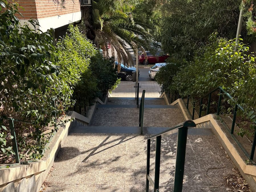 Una escalera conduce a un edificio con barandilla de metal, rodeado de vegetación y automóviles estacionados.