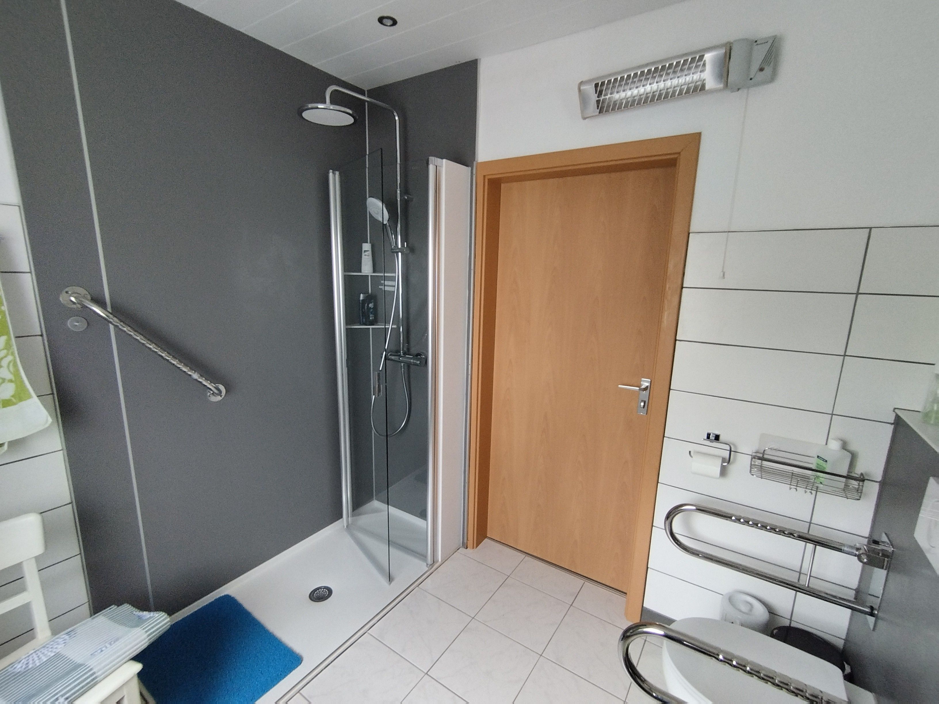 A modern bathroom with a glass shower enclosure, a wooden door, and a white sink with a towel rack.