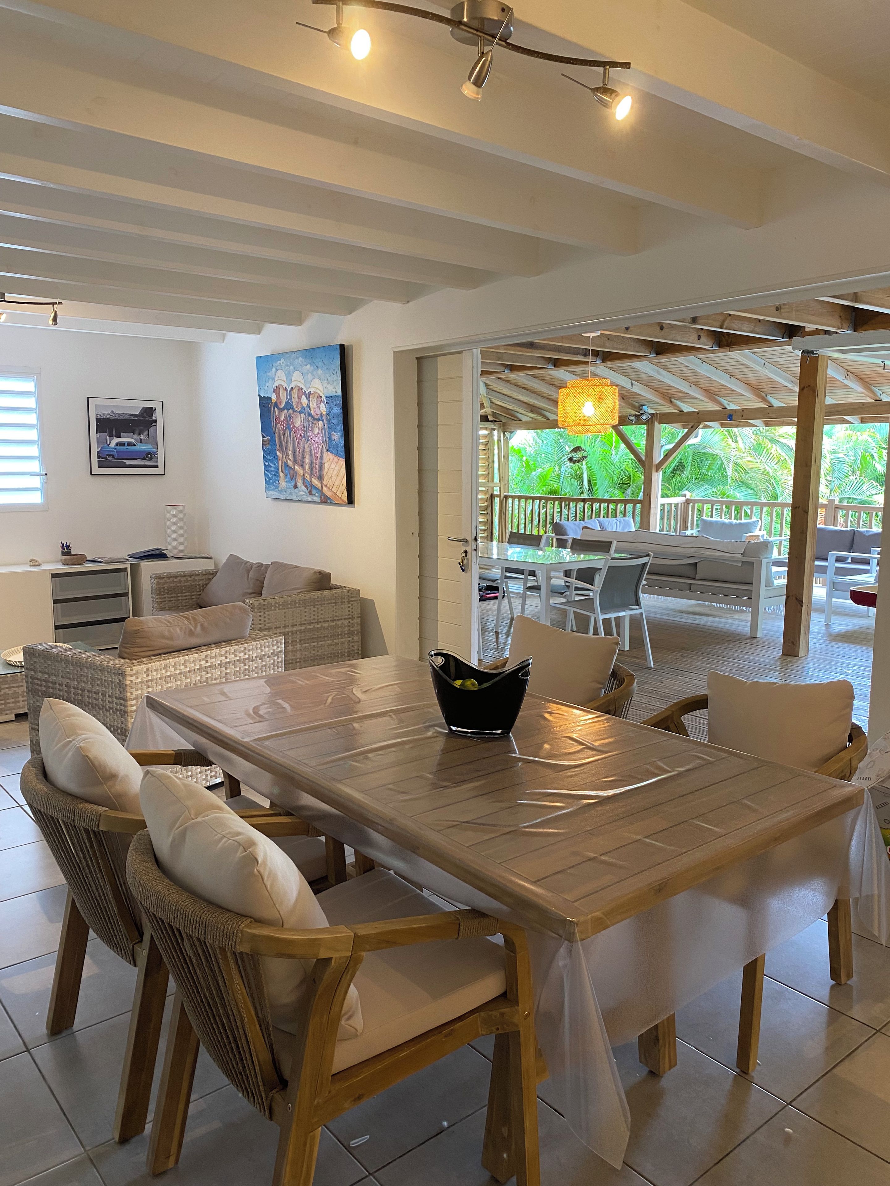A spacious living area with a large wooden dining table, wicker furniture, and a view of a lush garden.