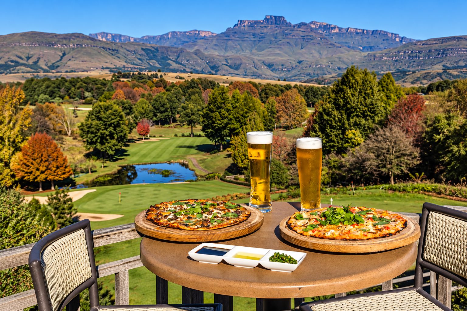 Una mesa con dos pizzas y dos vasos de cerveza, frente a una vista panorámica de un campo de golf y montañas.