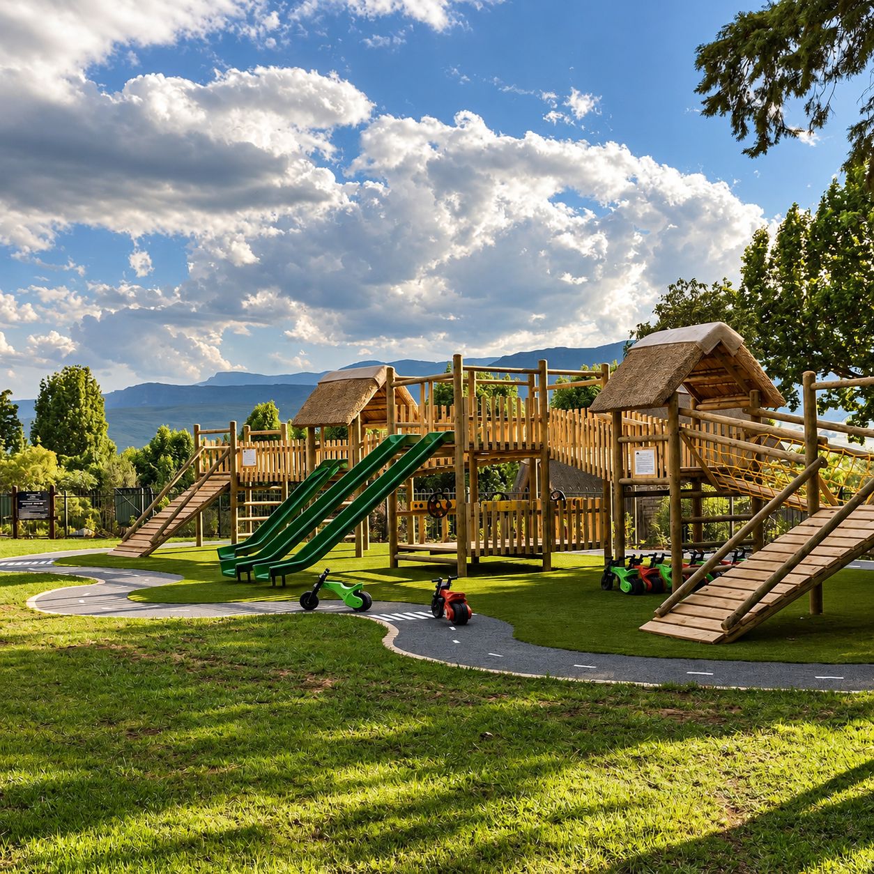 Un parque infantil con toboganes y estructuras para escalar, rodeado de césped y árboles, con montañas al fondo.