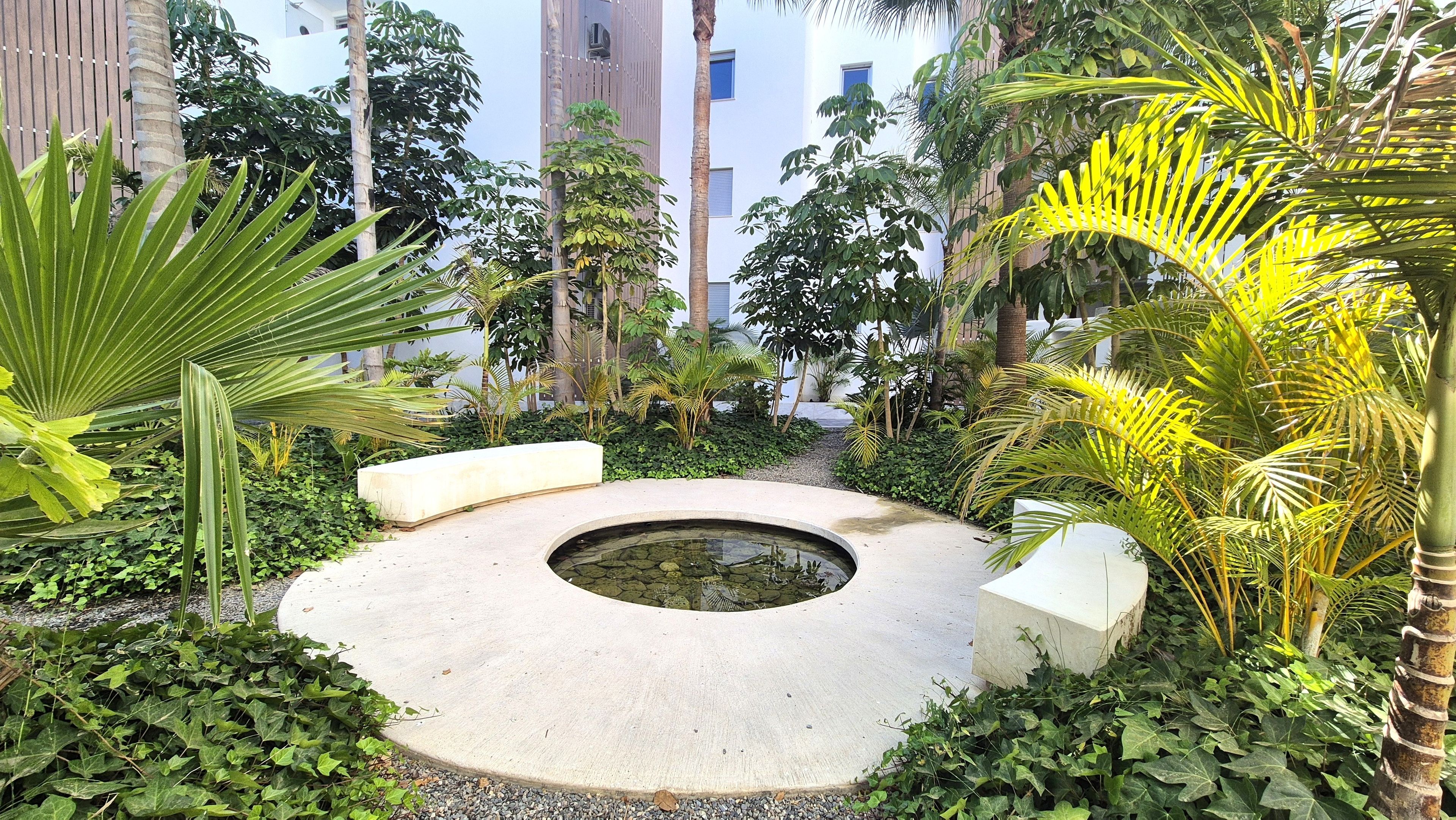 Une fontaine circulaire, entourée de verdure, avec un banc en béton.