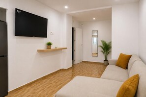 A modern living room with a flat-screen TV, a wooden shelf with a plant, a mirror, and a sofa with cushions. - New Listing (Íllora)