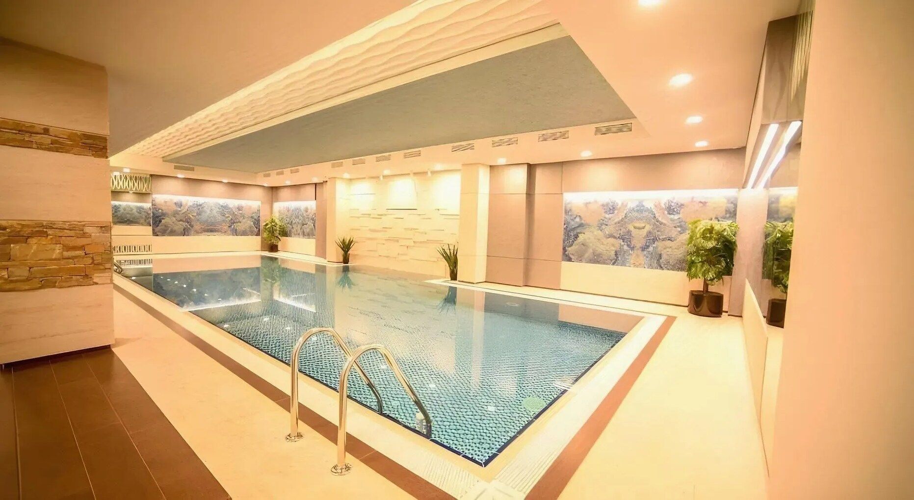 A modern indoor swimming pool with clear water, surrounded by walls with textured patterns and potted plants.