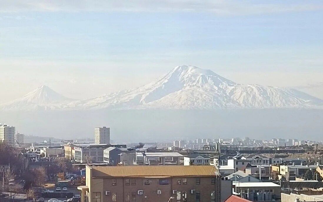 A cityscape with a snow-capped mountain in the background.