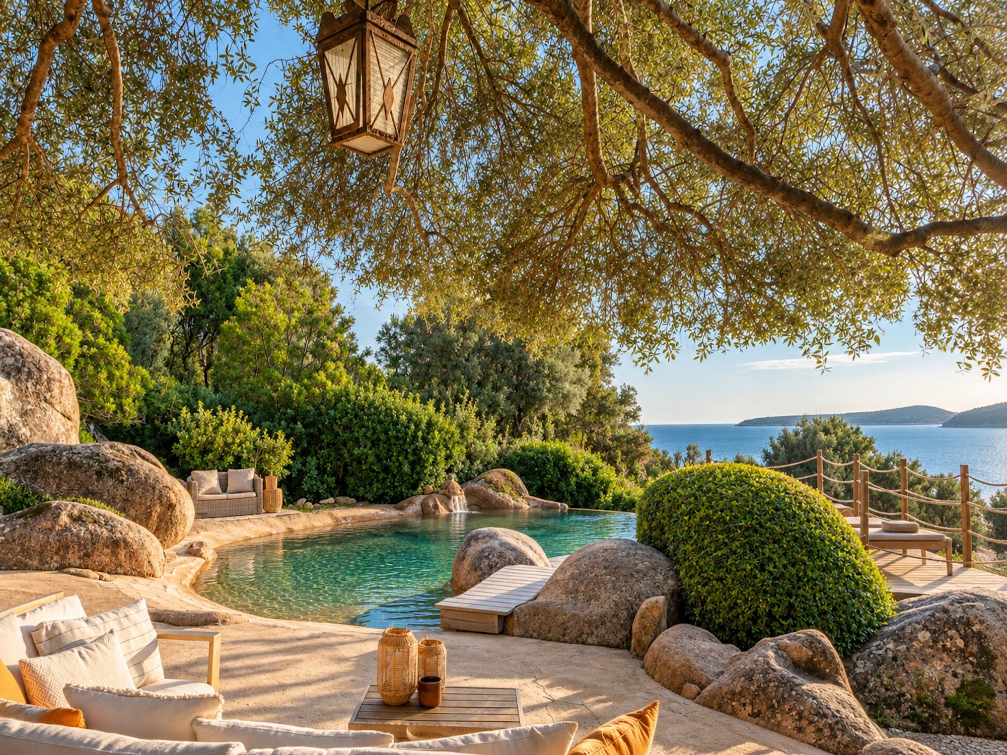 A serene outdoor pool area with a view of the sea, surrounded by rocks and greenery.