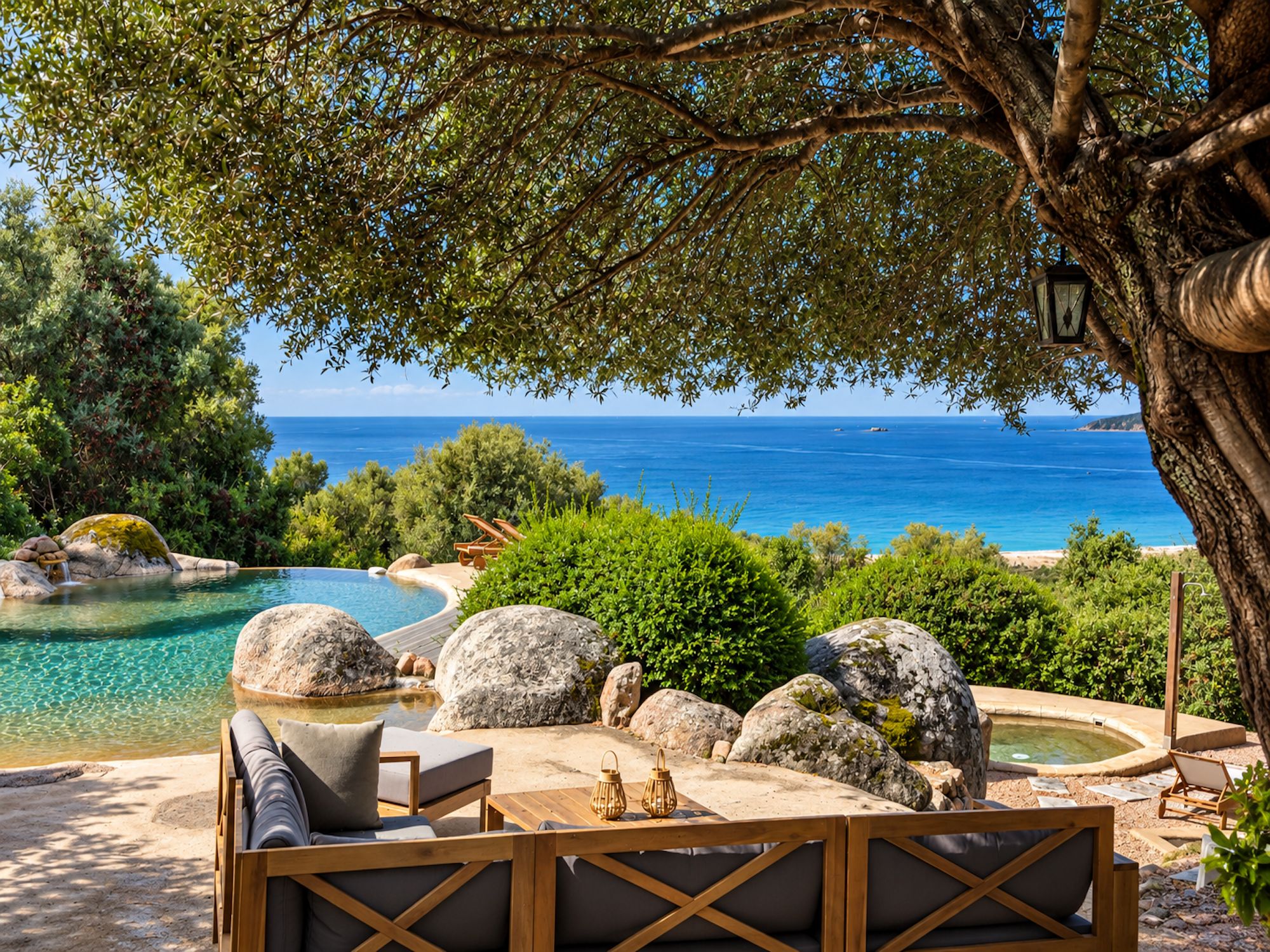 A pool area with lounge chairs, a hot tub, and a view of the sea.