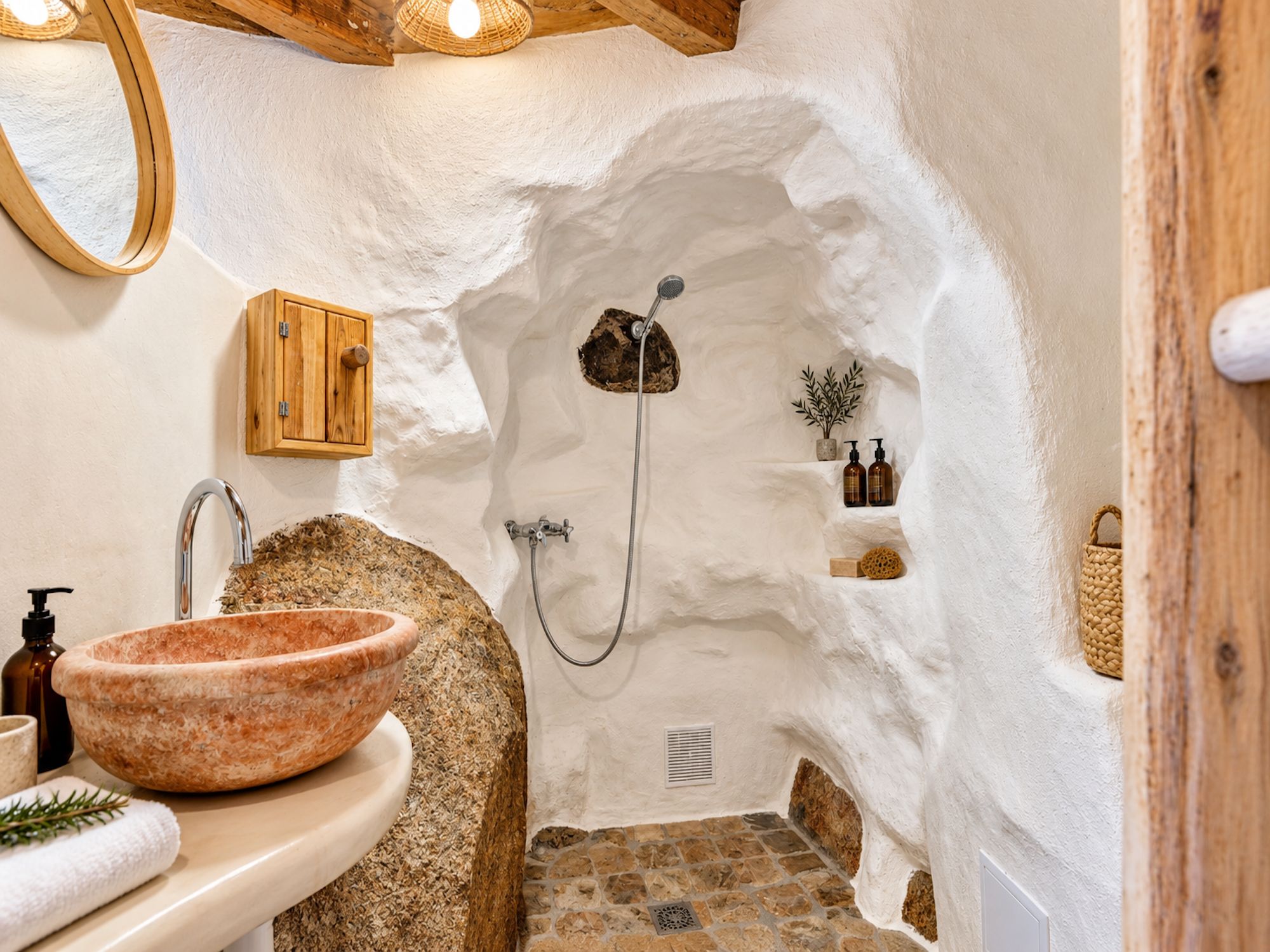 A bathroom with a stone sink, wooden cabinet, shower, and stone walls.