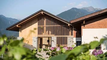 A wooden cabin with a stone foundation, set against a mountainous backdrop.